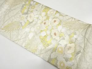 箔置き　椿に草葉模様　刺繍　袋帯